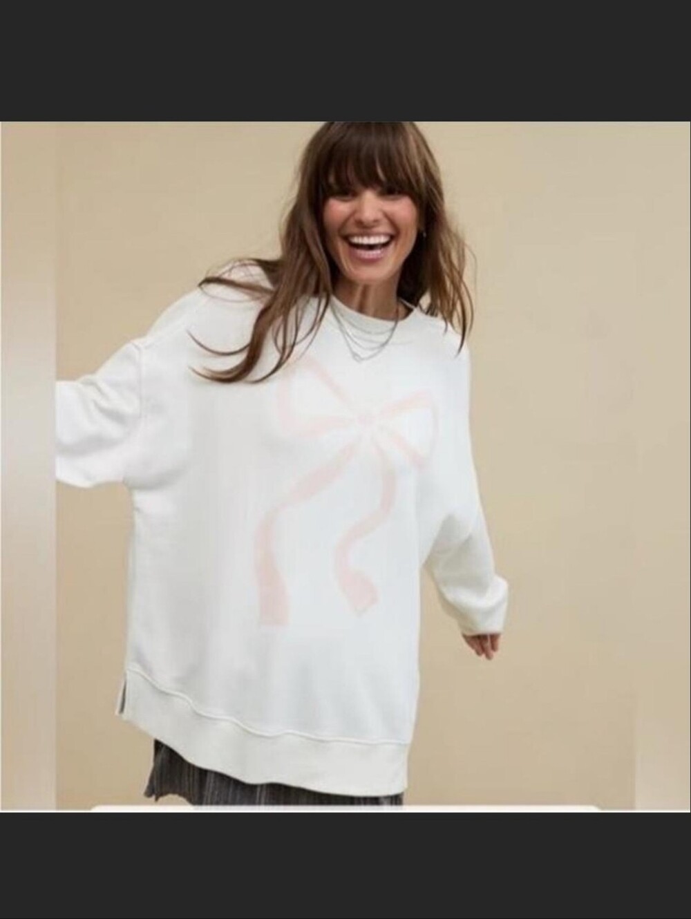Aerie Coquette Bow Sweatshirt Key Hole Pearl Button Back Crew Neck Oversized XXS